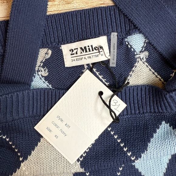 27 Miles Argyle Knit Tank Top XS Navy Gray Light Blue - Picture 4 of 6